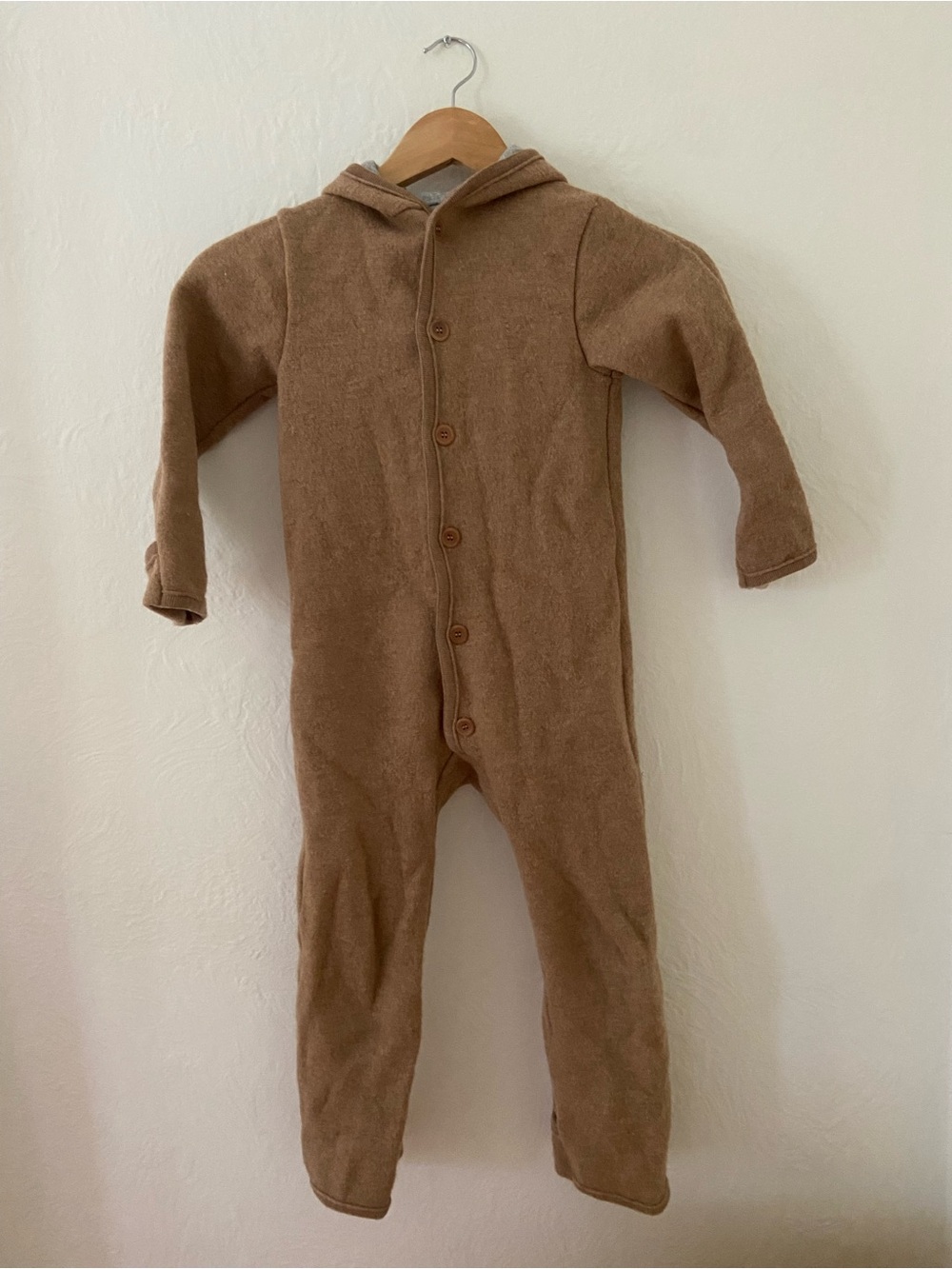 Disana boiled merino wool caramel overall snowsuit and matching mittens